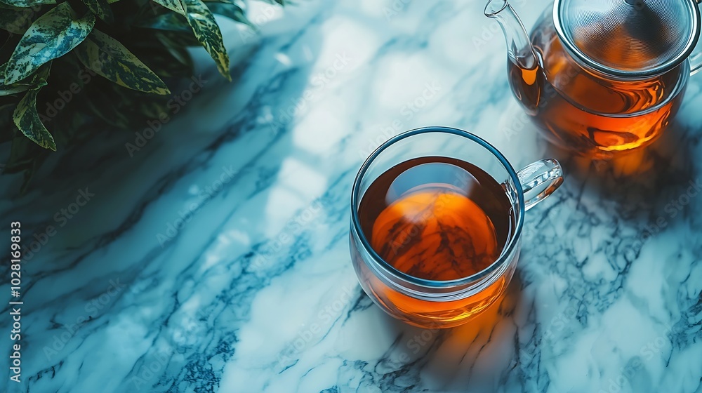 Poster tea in mugs with teapot on marble background copy space : generative ai