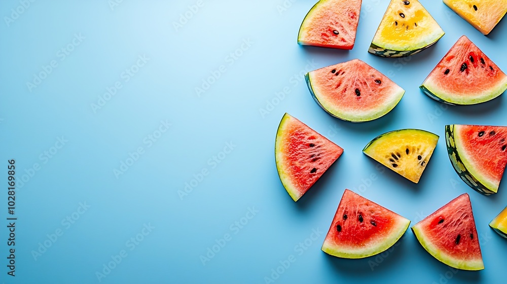 Poster watermelon slices on blue background top view copy space : generative ai