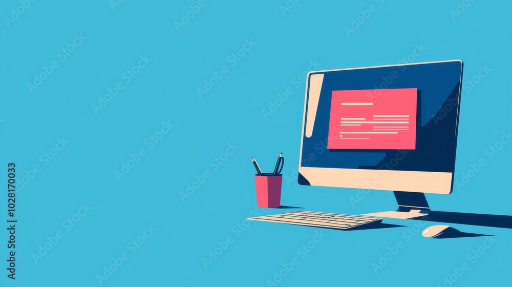 Poster minimalist computer design with screen and icons