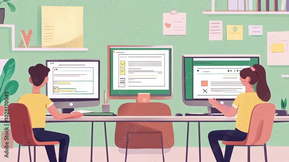 Poster students completing assignments and quizzes on an education software interface.