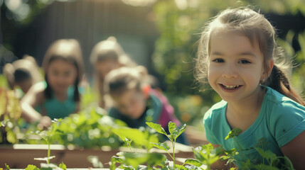 Smiling girl gardening with friends in a community vegetable garden