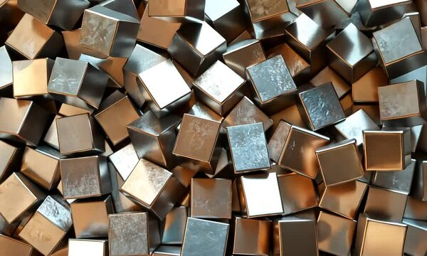 A close-up of metallic cubes arranged in a random pattern.