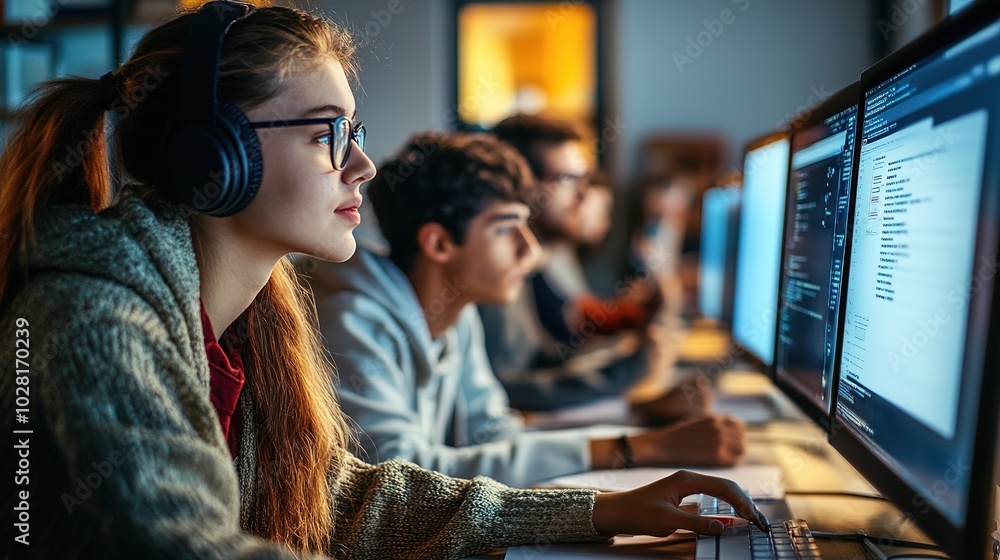 Poster students completing assignments and quizzes on an education software interface.