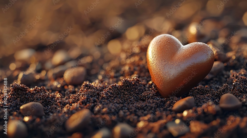 Aufkleber heart shaped chocolate candy on crushed cocoa nibs copy space : generative ai