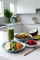 Smoothie with couscous, quinoa, and fruit bowls on countertop