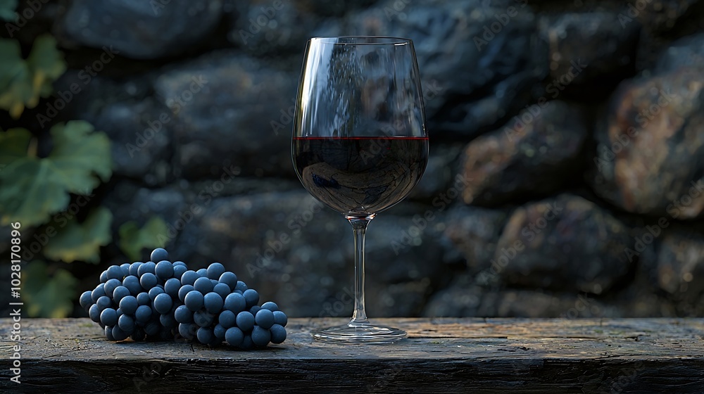 Poster glass of red wine and grape stone wall background wooden table close up : generative ai