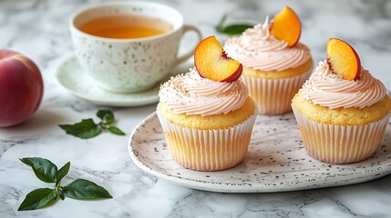 Peach cupcakes muffins with cup of tea Marble table Copy space : Generative AI