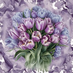 Purple and blue tulips watercolor illustration set. Seamless background pattern. Fabric wallpaper print texture.