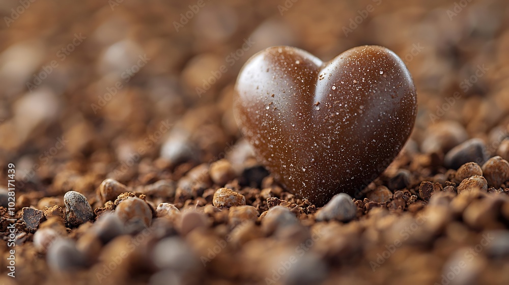 Poster heart shaped chocolate candy on crushed cocoa nibs copy space : generative ai
