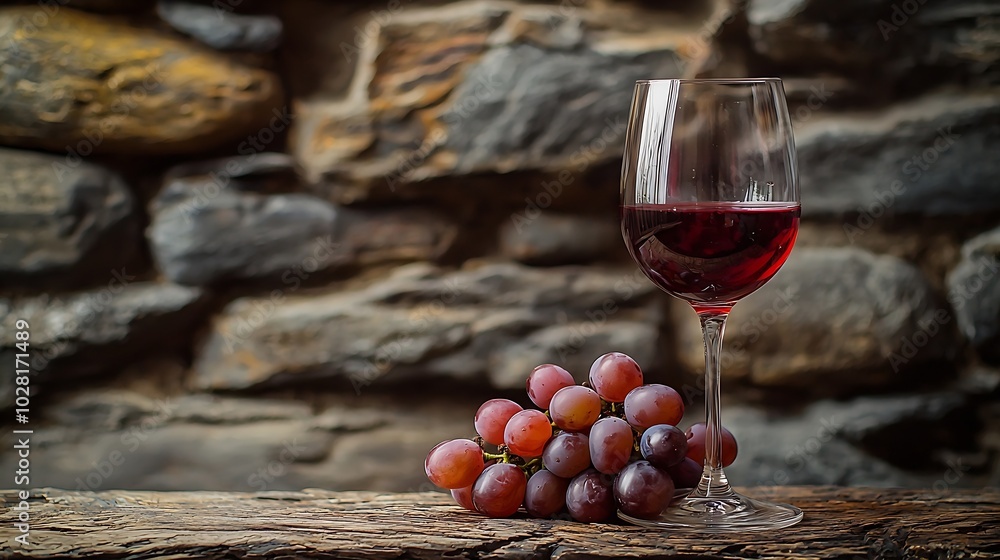 Poster glass of red wine and grape stone wall background wooden table close up : generative ai