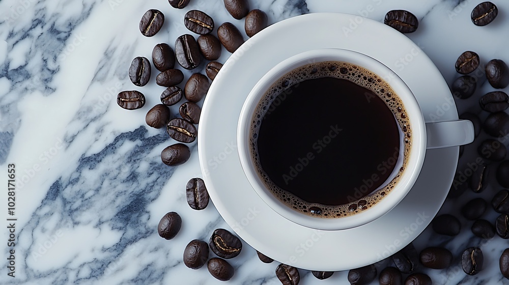 Poster cup of black coffee with coffee beans on marble table copy space top view : generative ai