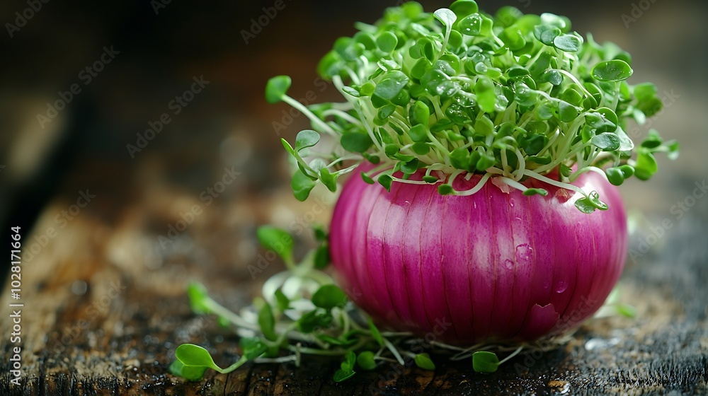 Poster red onion with fresh green sprouts on wooden background : generative ai