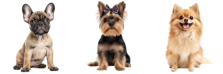 Three various small dog breeds, isolated on a transparent background