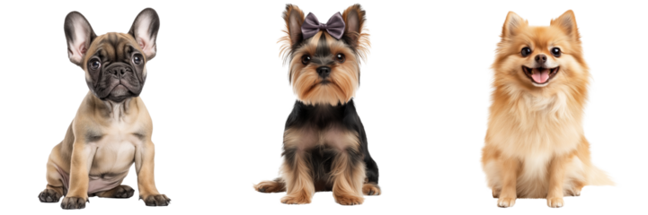 Three various small dog breeds, isolated on a transparent background
