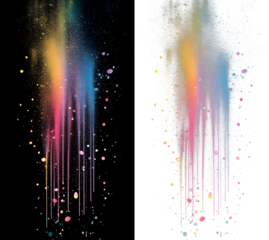 Gradient Color Powder Rain with Iridescent Splashes on white, black, transparent background. PNG