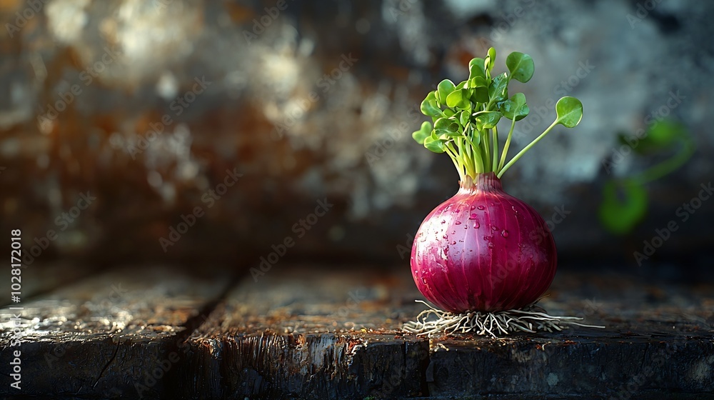 Poster red onion with fresh green sprouts on wooden background close up : generative ai