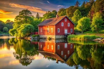 Obraz premium Scenic Portrait of an Old Red Building by the Tranquil Lake at Sunset