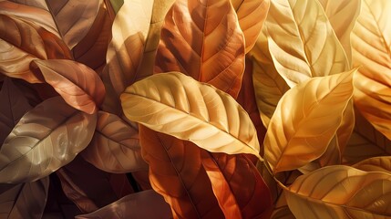 An overlapping tobacco leaves, warm and nuanced colors on a light background, Generative AI illustrations.