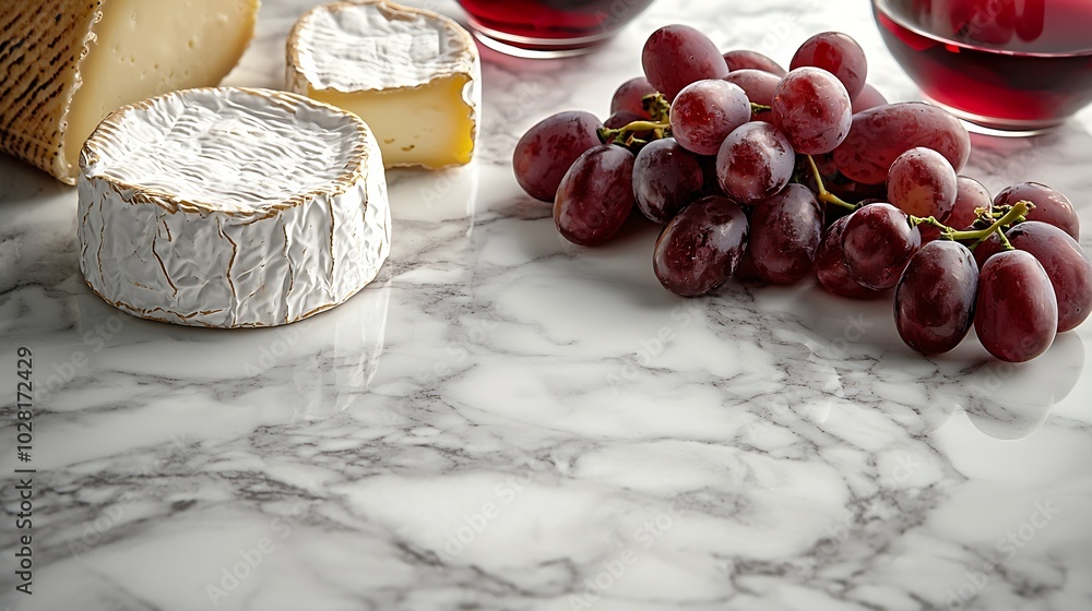 Poster assortment of cheese grapes with red and white wine in glasses marble background close up : generati