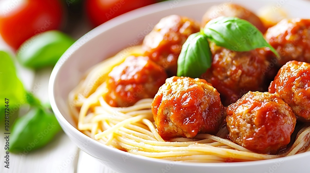 Poster meatballs in tomato sauce and fresh basil with spaghetti on a white background : generative ai
