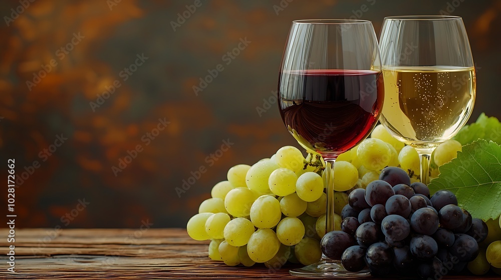 Poster glass of red and white wine with fresh grape assortment on wooden table close up : generative ai