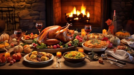 Festive holiday dinner with a delicious Thanksgiving turkey on the table
