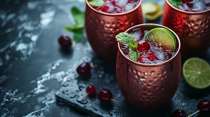 Cold cherry Moscow Mules cocktail with ginger beer vodka lime Marble background Top view Copy space : Generative AI