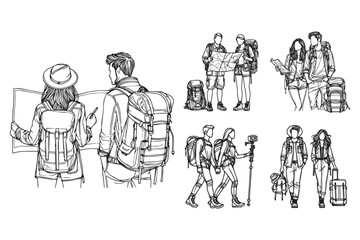 Hand-drawn clipart featuring a couple with trekking gear