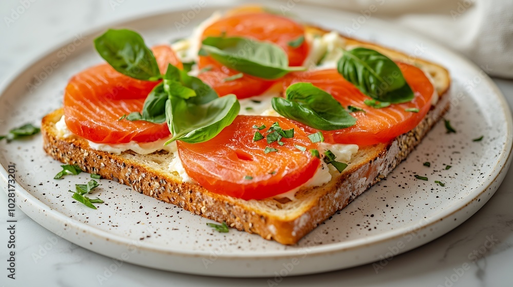 Poster sandwich toast with smoked salmon and cream cheese on white plate marble background close up : gener