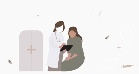 Doctor with patient hanging out moment illustration theme – patient is tacking advice to the doctor illustrator template