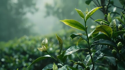 Fototapeta premium An elements from ancient tea trees plantation, tea bud, camellia, long view tall ancient tree, Generative AI illustratiions.