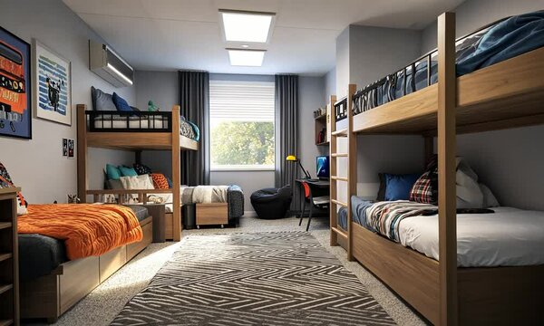 A cozy children's bedroom with bunk beds and a study area, designed for comfort and play.