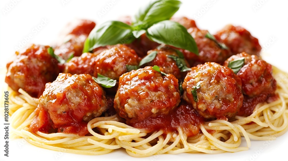 Poster meatballs in tomato sauce and fresh basil with spaghetti on a white background : generative ai