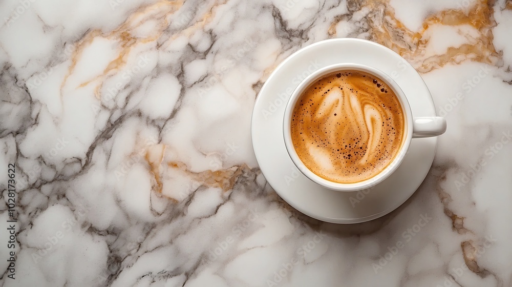 Poster coffee espresso in white cup of marble table background top view copy space : generative ai