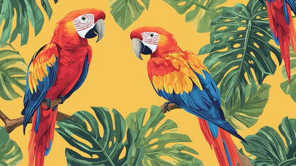 Obraz premium Beautiful parrots on the background of tropical leaves. Vector illustration 