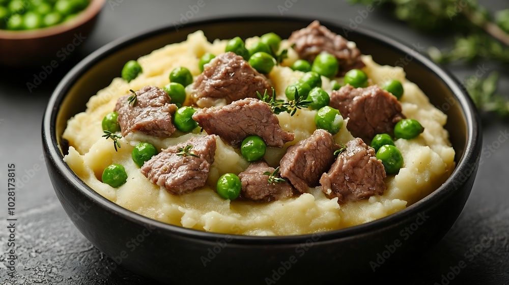 Poster mashed potatoes with beef meat and green peas in bowl grey background close up : generative ai