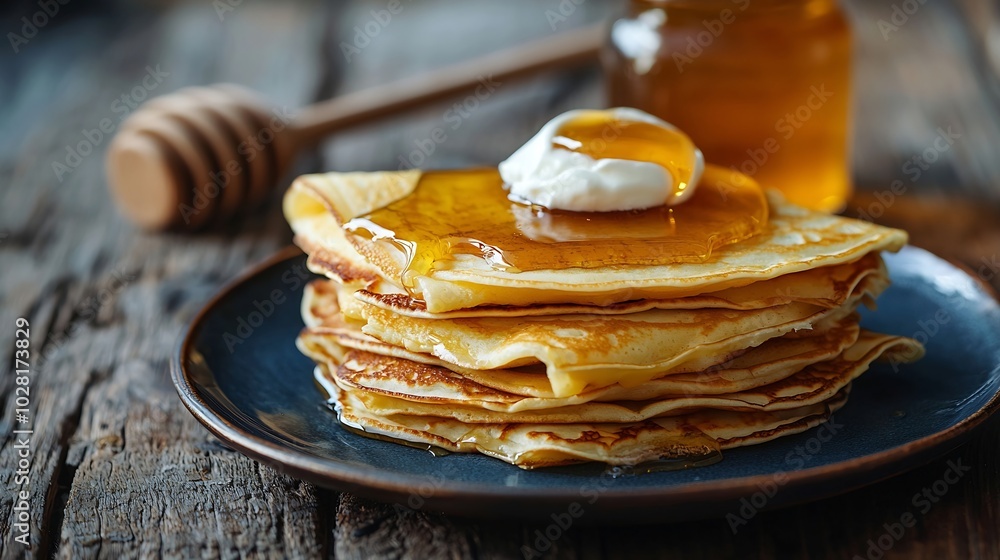 Poster crepes thin pancakes on a plate with honey and cream blue background close up : generative ai