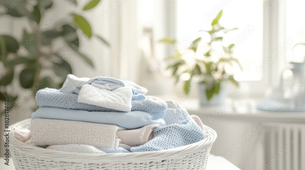 Poster a cozy stack of folded towels in soft colors, resting in a white basket near a window with plants, c