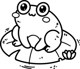 Charming cartoon frog sitting on a lotus leaf, hand-drawn in line art style. Vector illustration, isolated for easy use in kid's designs, playful projects, and nature-themed creations.