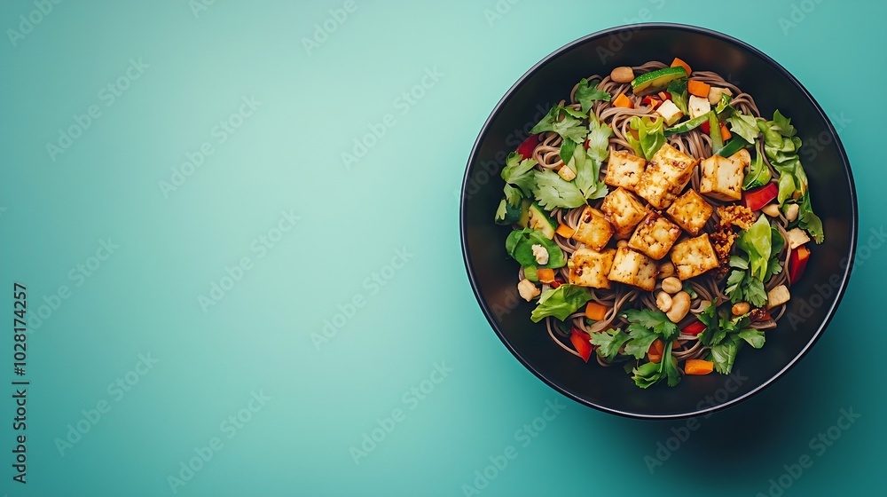 Poster soba noodles with vegetables and fried tofu in a bowl top view copy space blue background : generati