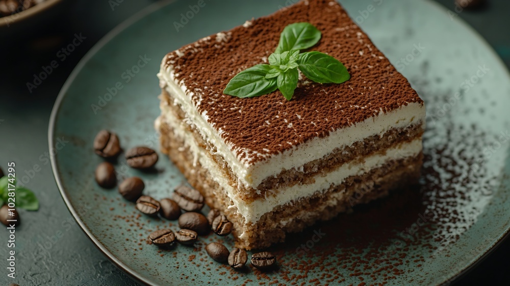 Poster tiramisu dessert with cup of coffee dark background close up top view : generative ai