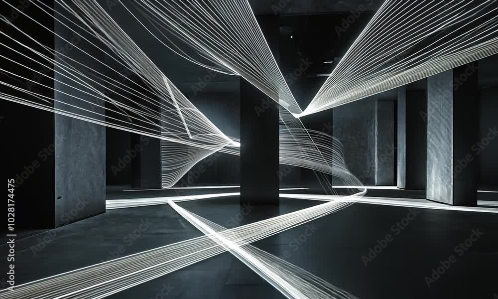 Poster a dark space illuminated by flowing white light, creating a dynamic, abstract atmosphere.
