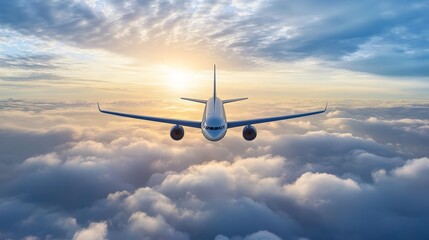 Airplane Flying Above Clouds at Sunset