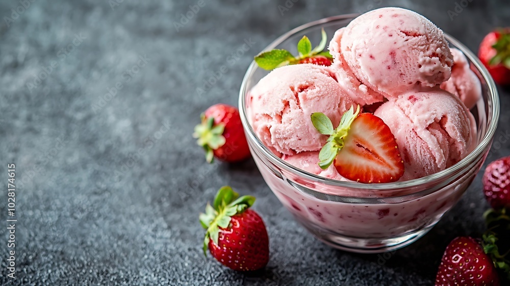 Aufkleber strawberry ice cream in a glass bowl on grey background close up copy space : generative ai