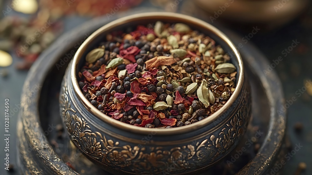 Poster spices for indian masala chai grey background close up top view : generative ai