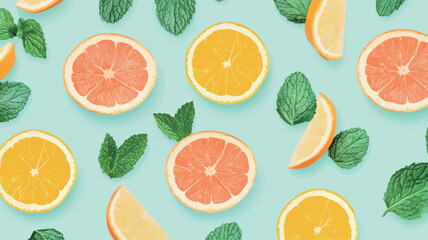 Obraz premium Seamless pattern with citrus fruits and mint. Vector illustration. 