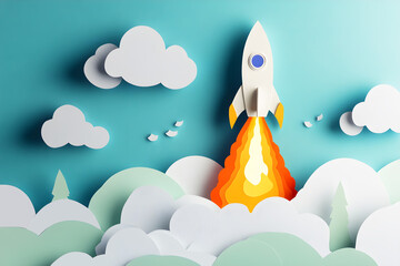 Papercut style of rocket launch business growth concept