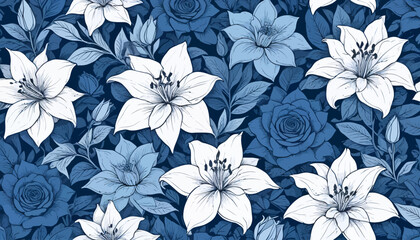 A captivating pattern of white lilies and blue roses, intertwined with delicate leaves