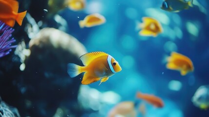 Naklejka premium Vibrant underwater scene with colorful tropical fish swimming in ocean