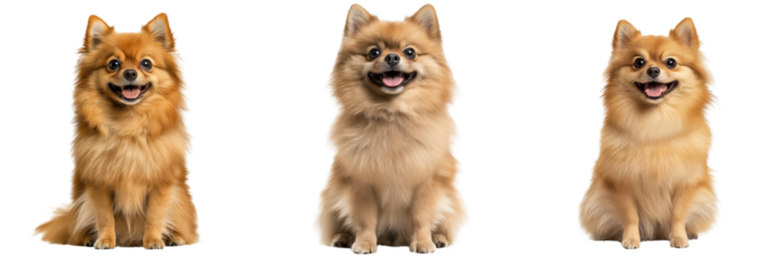 A fluffy Pomeranian dog sitting upright with a happy expression, isolated on a transparent background